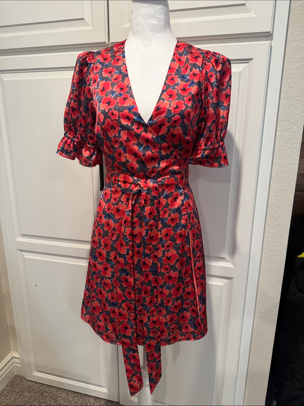 House of Harlow 1960 Red Floral Wrap Mini Dress with Navy Accents